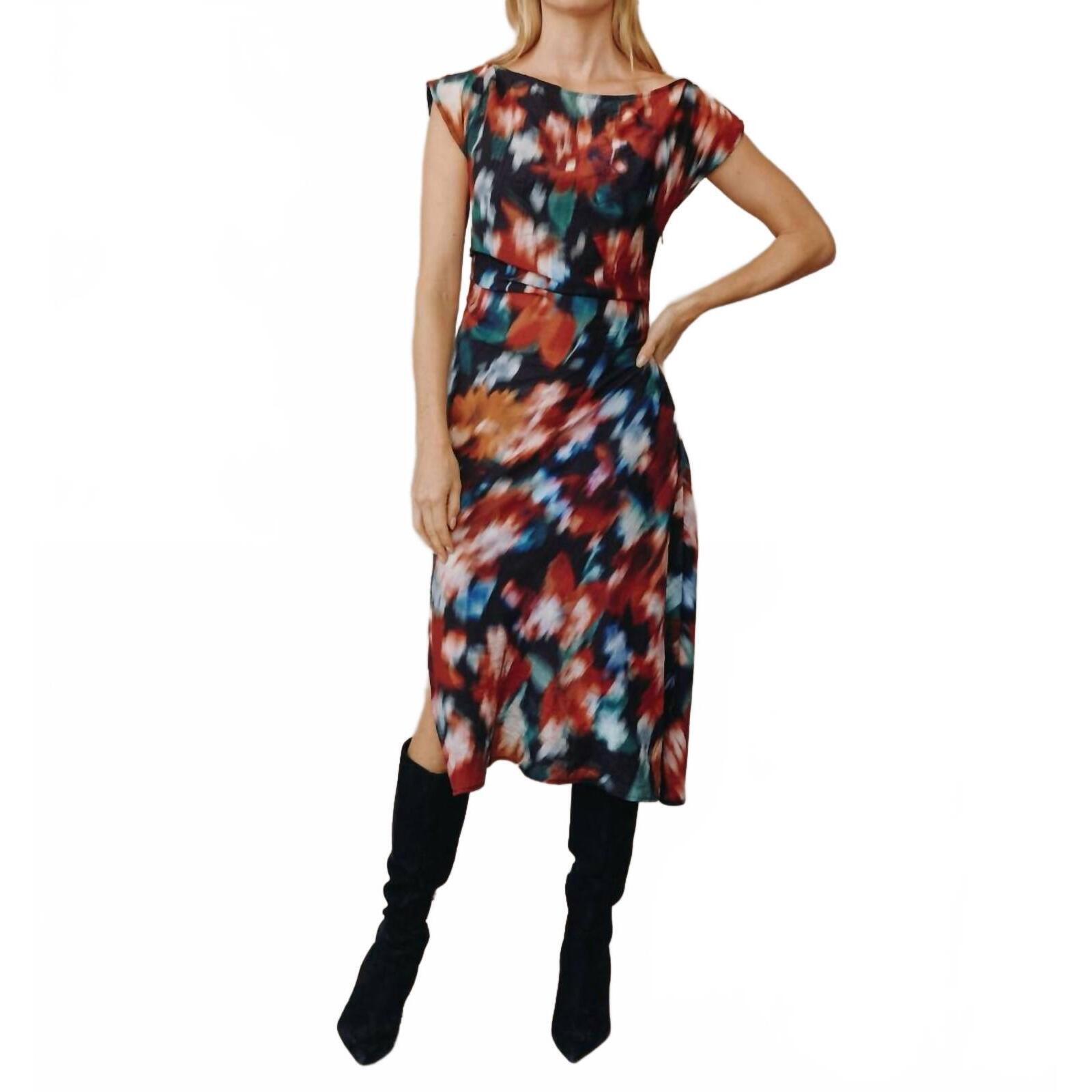 New Bella Dahl Boat Neck Cap Sleeve Midi Dress In Blurred Floral Print